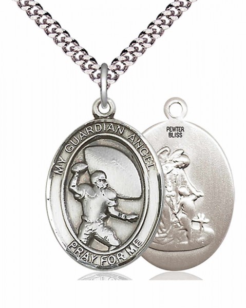 Men's Pewter Oval Guardian Angel Football Medal - 24" 2.4mm Rhodium Plate Chain + Clasp