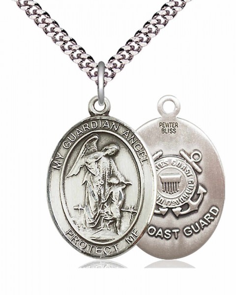 Men's Pewter Oval Guardian Angel Coast Guard Medal - 24" 2.4mm Rhodium Plate Chain + Clasp