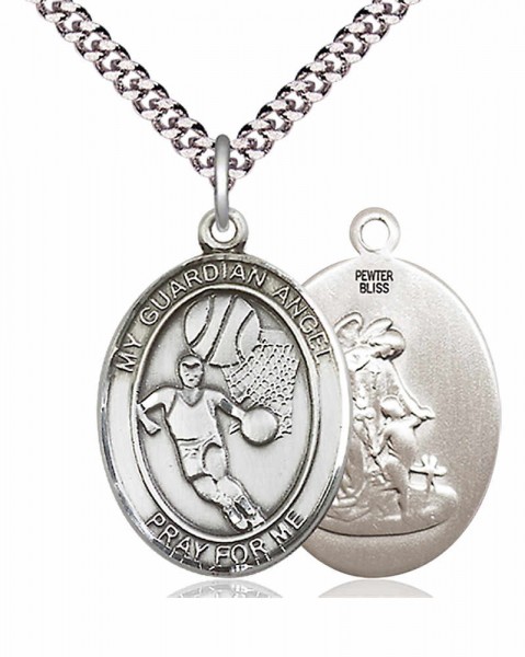Men's Pewter Oval Guardian Angel Basketball Medal - 24" 2.4mm Rhodium Plate Endless Chain