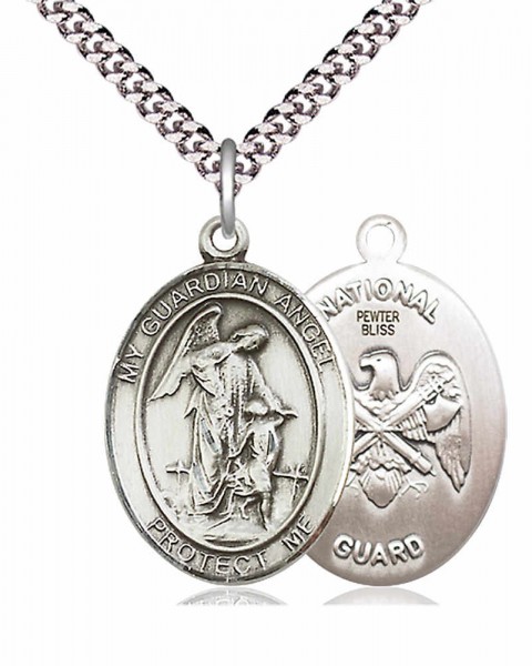 Men's Pewter Oval Guardian Angel National Guard Medal - 24" 2.4mm Rhodium Plate Chain + Clasp