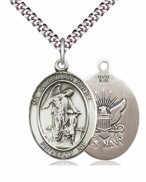 Men's Pewter Oval Guardian Angel Navy Medal - 24" 2.4mm Rhodium Plate Chain + Clasp