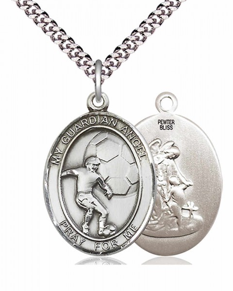 Men's Pewter Oval Guardian Angel Soccer Medal - 20" Rhodium Plate Chain + Clasp