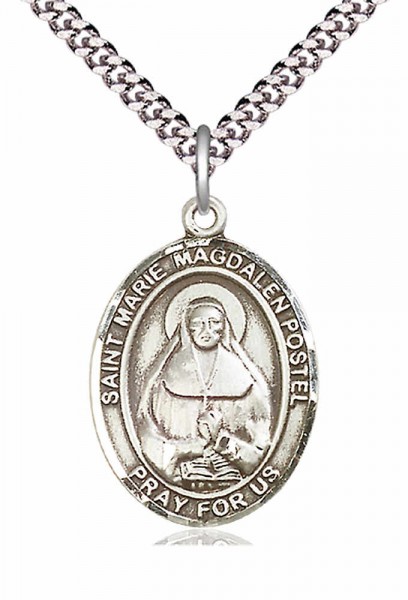 Men's Pewter Oval Marie Magdalen Postel Medal - 24" 2.4mm Rhodium Plate Chain + Clasp
