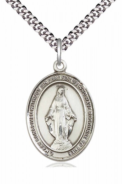 Men's Pewter Oval Miraculous Medal - 24" 2.4mm Rhodium Plate Endless Chain