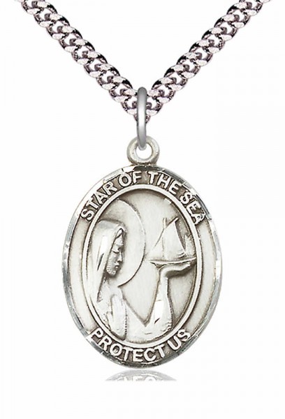 Men's Pewter Oval Our Lady Star of the Sea Medal - 24" 2.4mm Rhodium Plate Endless Chain