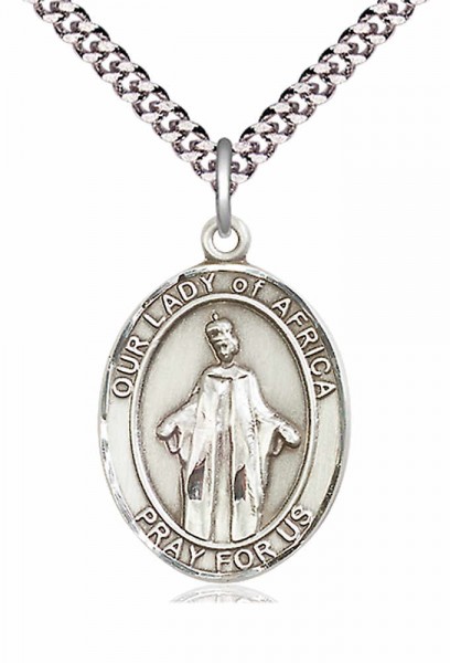 Men's Pewter Oval Our Lady of Africa Medal - 24" 2.4mm Rhodium Plate Chain + Clasp