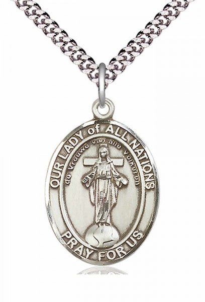 Men's Pewter Oval Our Lady of All Nations Medal - 24" 2.4mm Rhodium Plate Chain + Clasp