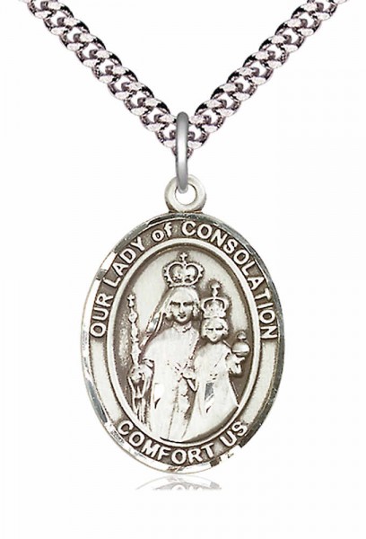Men's Pewter Oval Our Lady of Consolation Medal - 20" Rhodium Plate Chain + Clasp