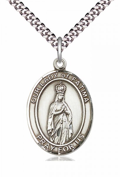 Men's Pewter Oval Our Lady of Fatima Medal - 20" Rhodium Plate Chain + Clasp