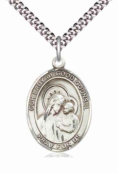 Men's Pewter Oval Our Lady of Good Counsel Medal - 24" 2.4mm Rhodium Plate Chain + Clasp