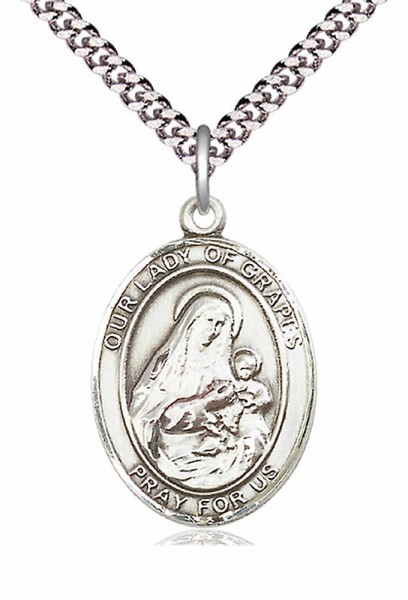 Men's Pewter Oval Our Lady of Grapes Medal - 24" 2.4mm Rhodium Plate Endless Chain