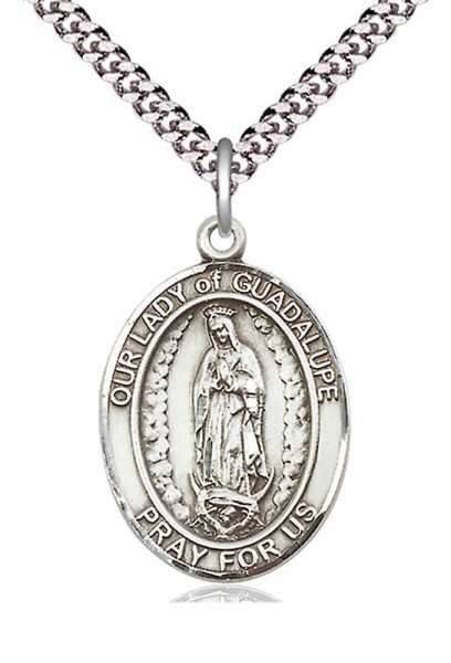 Men's Pewter Oval Our Lady of Guadalupe Medal - 24" 2.4mm Rhodium Plate Chain + Clasp