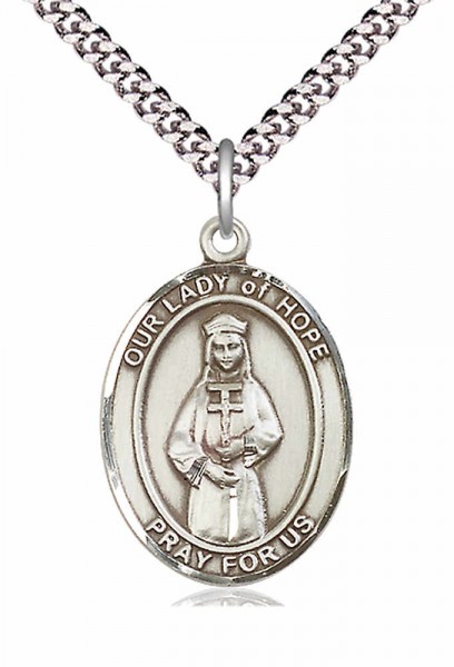 Men's Pewter Oval Our Lady of Hope Medal - 24" 2.4mm Rhodium Plate Chain + Clasp