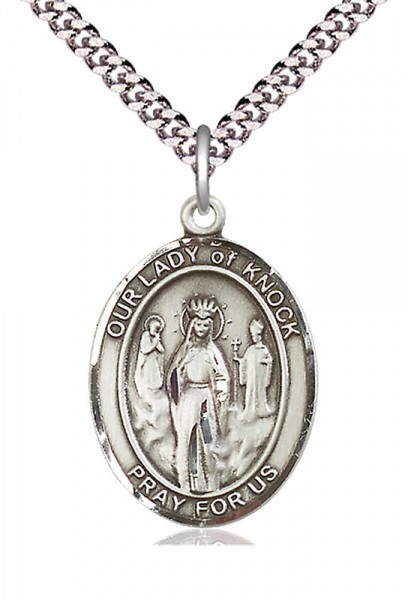 Men's Pewter Oval Our Lady of Knock Medal - 24" 2.4mm Rhodium Plate Endless Chain