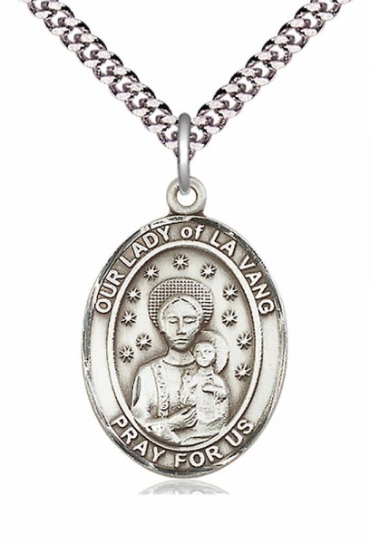 Men's Pewter Oval Our Lady of La Vang Medal - 24" 2.4mm Rhodium Plate Endless Chain