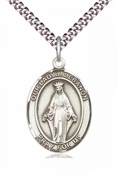 Men's Pewter Oval Our Lady of Lebanon Medal - 24" 2.4mm Rhodium Plate Endless Chain