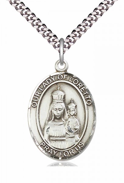 Men's Pewter Oval Our Lady of Loretto Medal - 24" 2.4mm Rhodium Plate Endless Chain