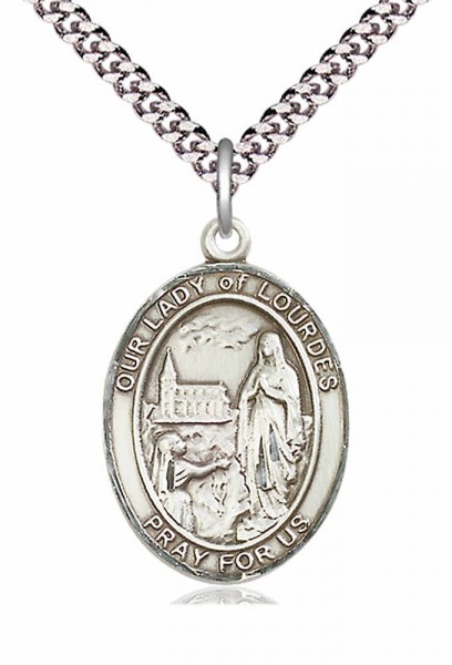 Men's Pewter Oval Our Lady of Lourdes Medal - 24" 2.4mm Rhodium Plate Chain + Clasp