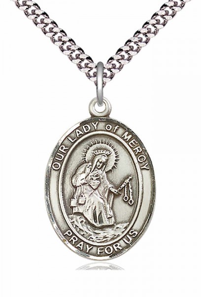 Men's Pewter Oval Our Lady of Mercy Medal - 20" Rhodium Plate Chain + Clasp