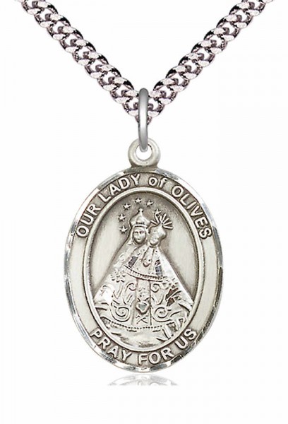 Men's Pewter Oval Our Lady of Olives Medal - 20" Rhodium Plate Chain + Clasp