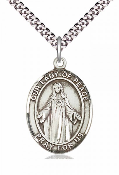 Men's Pewter Oval Our Lady of Peace Medal - 24" 2.4mm Rhodium Plate Chain + Clasp