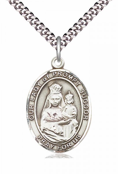Men's Pewter Oval Our Lady of Prompt Succor Medal - 24" 2.4mm Rhodium Plate Chain + Clasp