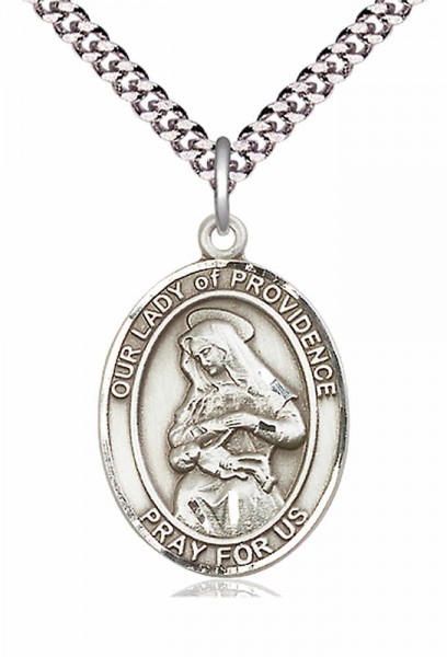 Men's Pewter Oval Our Lady of Providence Medal - 24" 2.4mm Rhodium Plate Chain + Clasp