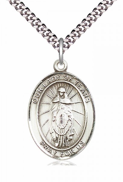 Men's Pewter Oval Our Lady of Tears Medal - 20" Rhodium Plate Chain + Clasp