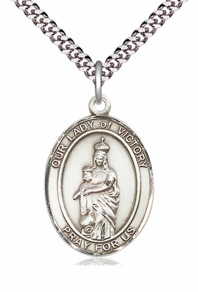 Men's Pewter Oval Our Lady of Victory Medal - 24" 2.4mm Rhodium Plate Chain + Clasp