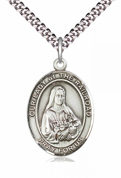 Men's Pewter Oval Our Lady of the Railroad Medal - 20" Rhodium Plate Chain + Clasp