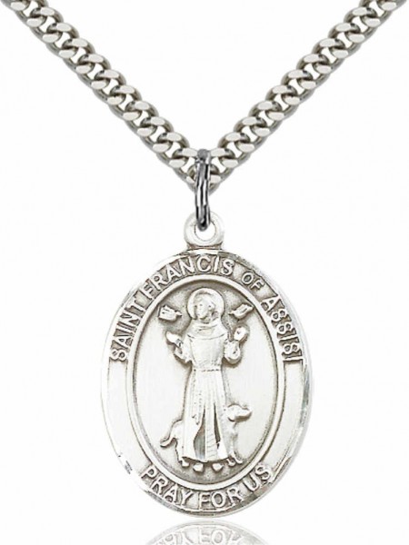 Men's Pewter Oval Saint Francis of Assisi Medal - 24" 2.4mm Rhodium Plate Chain + Clasp