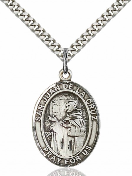 Men's Pewter Oval San Juan De La Cruz Medal - 24" 2.4mm Rhodium Plate Chain + Clasp
