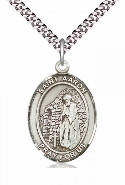 Men's Pewter Oval St. Aaron Medal - 24" 2.4mm Rhodium Plate Endless Chain