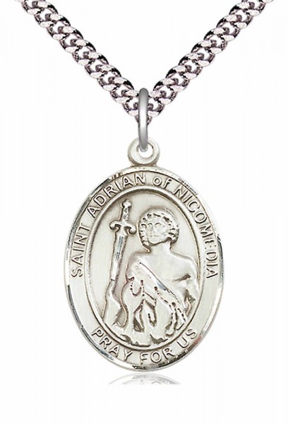 Men's Pewter Oval St. Adrian of Nicomedia Medal - 24" 2.4mm Rhodium Plate Endless Chain