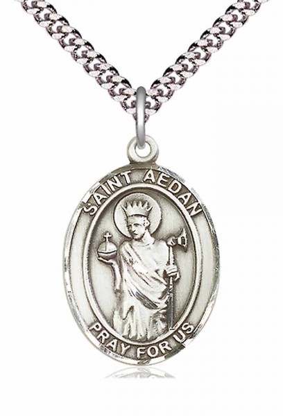 Men's Pewter Oval St. Aedan of Ferns Medal - 20" Rhodium Plate Chain + Clasp