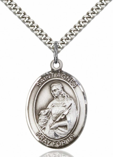 Men's Pewter Oval St. Agnes of Rome Medal - 20" Rhodium Plate Chain + Clasp