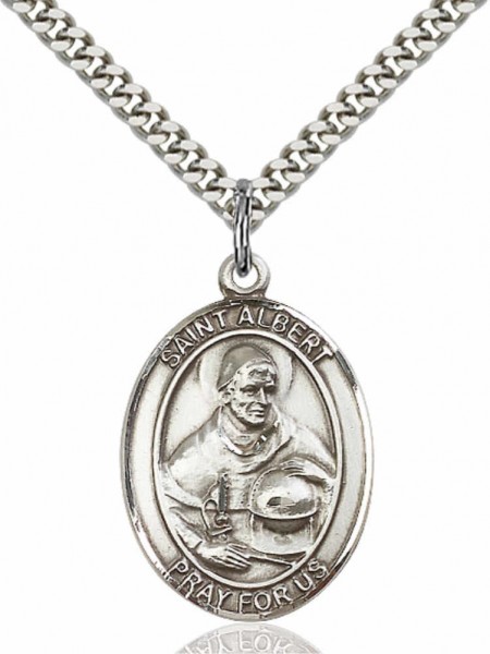 Men's Pewter Oval St. Albert the Great Medal - 20" Rhodium Plate Chain + Clasp