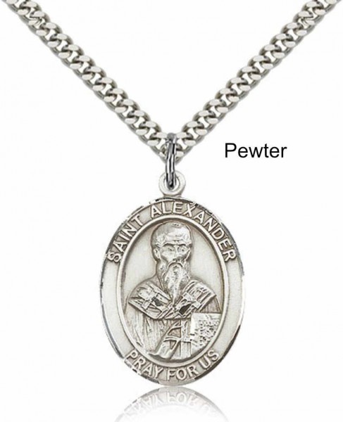 Men's Pewter Oval St. Alexander Sauli Medal - 24" 2.4mm Rhodium Plate Endless Chain