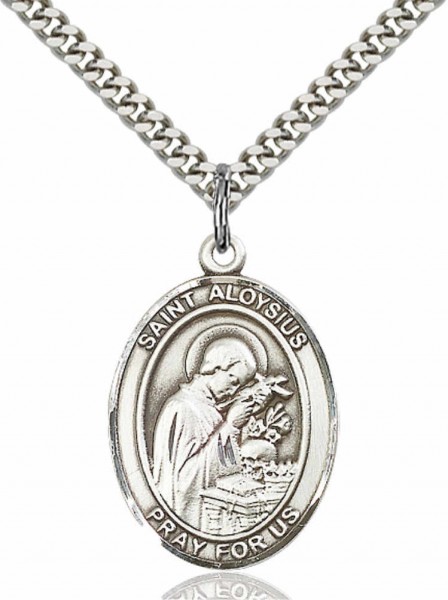 Men's Pewter Oval St. Aloysius Gonzaga Medal - 24" 2.4mm Rhodium Plate Endless Chain