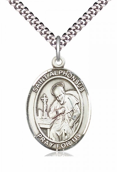 Men's Pewter Oval St. Alphonsus Medal - 24" 2.4mm Rhodium Plate Endless Chain