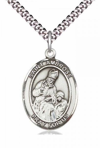 Men's Pewter Oval St. Ambrose Medal - 24" 2.4mm Rhodium Plate Endless Chain