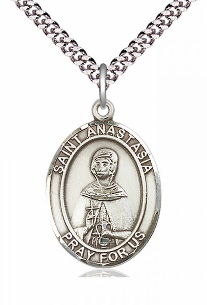 Men's Pewter Oval St. Anastasia Medal - 20" Rhodium Plate Chain + Clasp