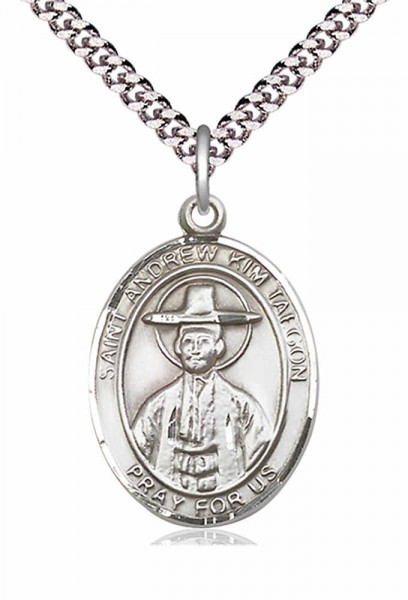 Men's Pewter Oval St. Andrew Kim Taegon Medal - 24" 2.4mm Rhodium Plate Endless Chain