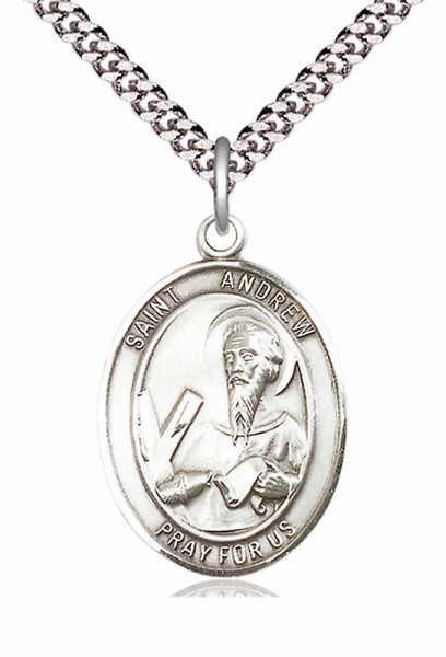 Men's Pewter Oval St. Andrew the Apostle Medal - 24" 2.4mm Rhodium Plate Chain + Clasp