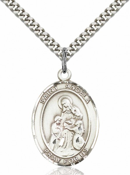 Men's Pewter Oval St. Angela Merici Medal - 24" 2.4mm Rhodium Plate Endless Chain