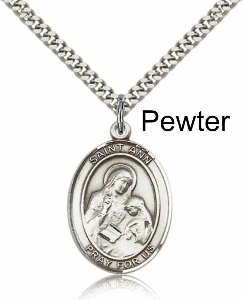 Men's Pewter Oval St. Ann Medal - 24" 2.4mm Rhodium Plate Chain + Clasp