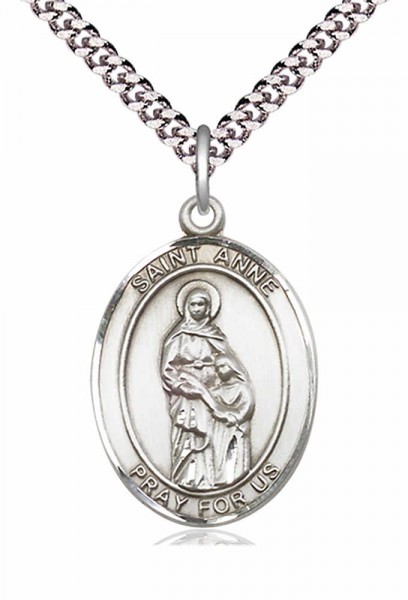 Men's Pewter Oval St. Anne Medal - 20" Rhodium Plate Chain + Clasp