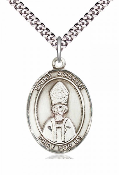 Men's Pewter Oval St. Anselm of Canterbury Medal - 24" 2.4mm Rhodium Plate Chain + Clasp