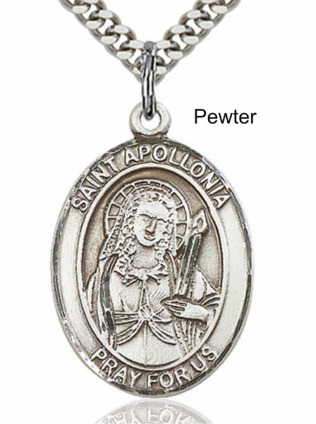 Men's Pewter Oval St. Apollonia Medal - 24" 2.4mm Rhodium Plate Endless Chain