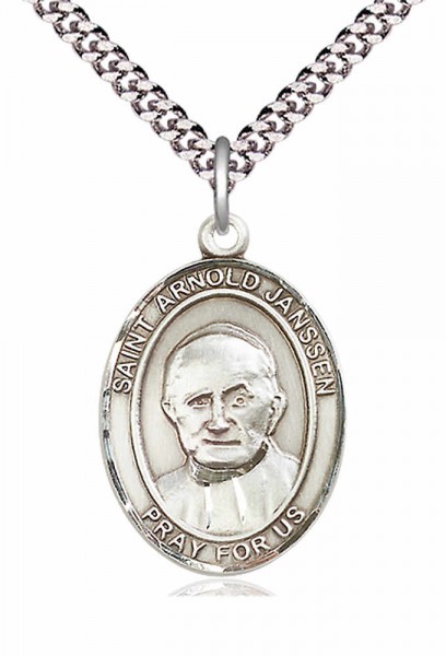 Men's Pewter Oval St. Arnold Janssen Medal - 24" 2.4mm Rhodium Plate Chain + Clasp